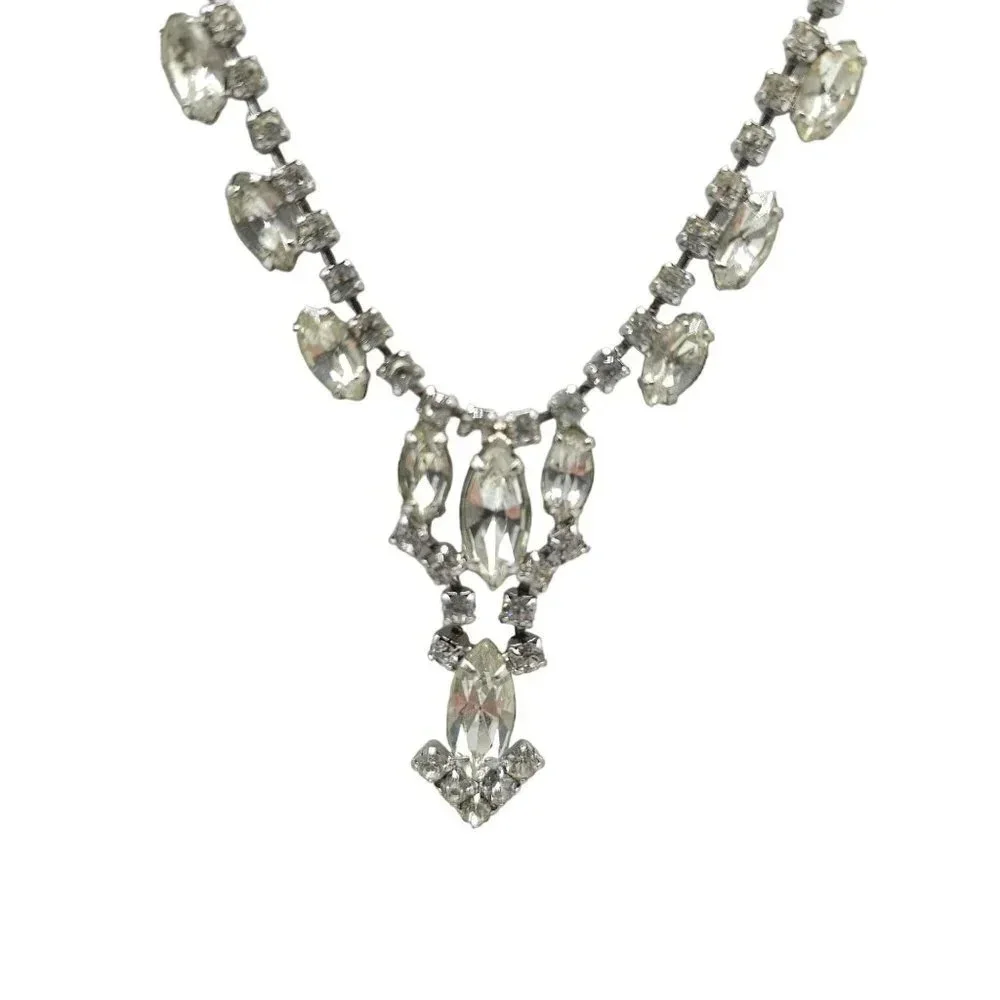 Clear Rhinestone Crystal Y Drop Necklace Hook Closure Silver Tone Vintage